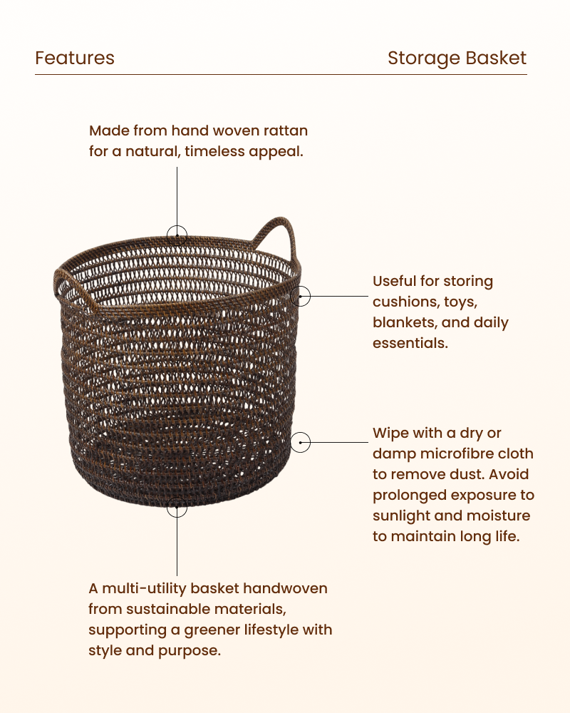 Rattan Basket with Handles for Laundry and Toy Storage