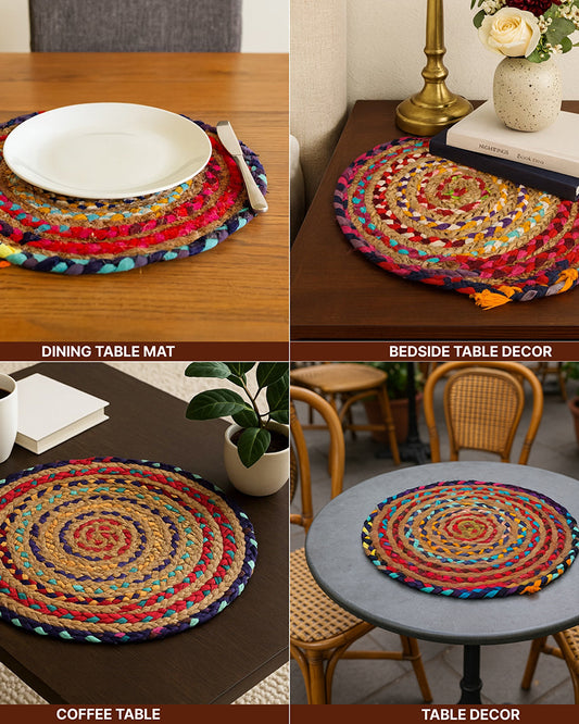 Jute Placemat Set of 4 | Round Placemats for Dining Table & Side Table