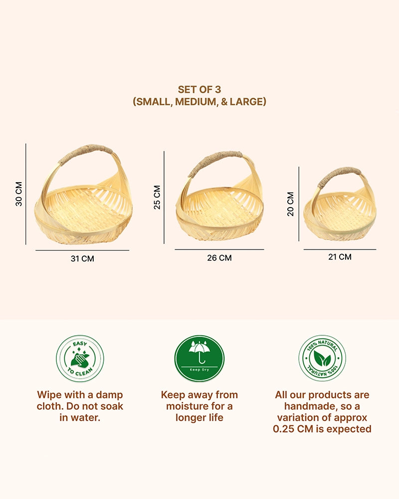 Handwoven Bamboo Baskets with Handles for Kitchen and Home Organization (Set of 3)