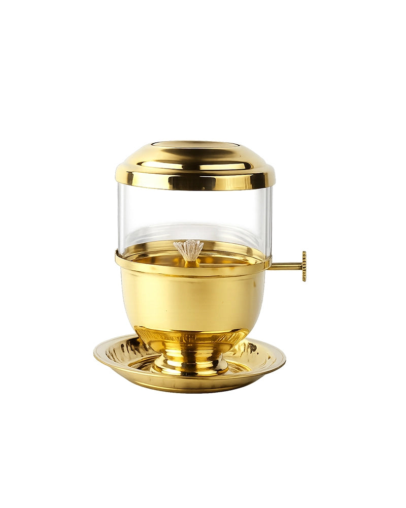100% Pure Brass Akhand Jyot Diya with Adjustable Bati Knob with Glass Cover