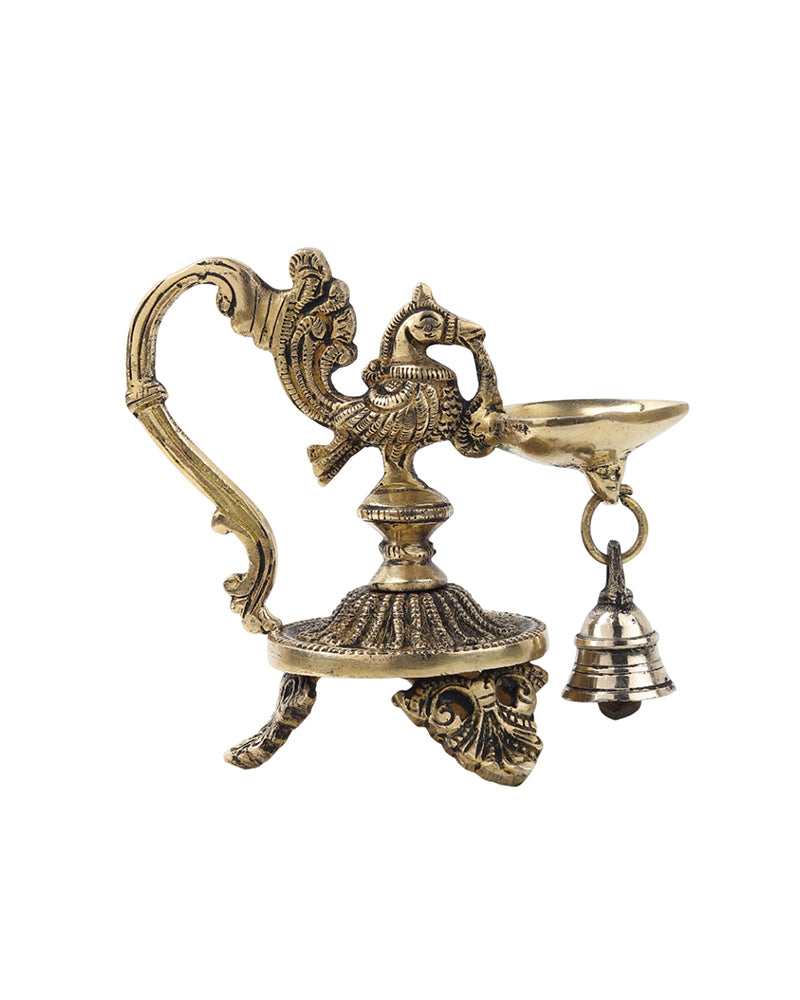 Brass Oil Lamp Peacock Diya with Bell for Pooja and Home Decor