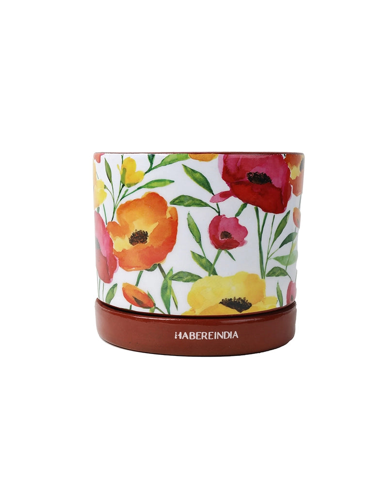 Poppy Floral Print Terracotta Planter with Under Plate (Multicolour)