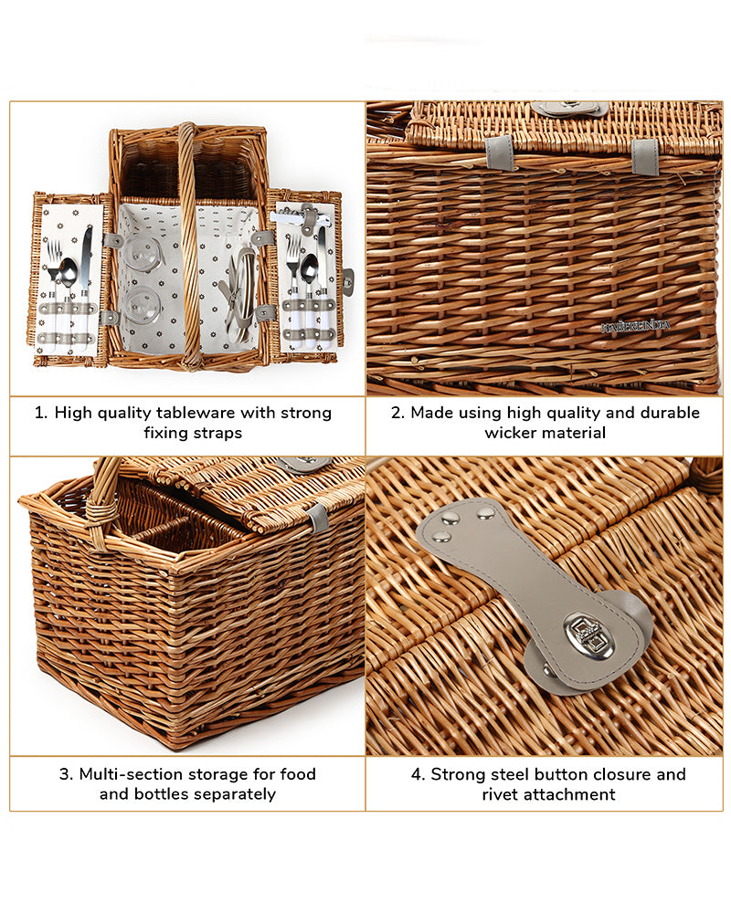 Wicker Picnic Basket | Picnic Basket | Willow Picnic Hamper Set | Vintage-Style Wicker Picnic Hamper