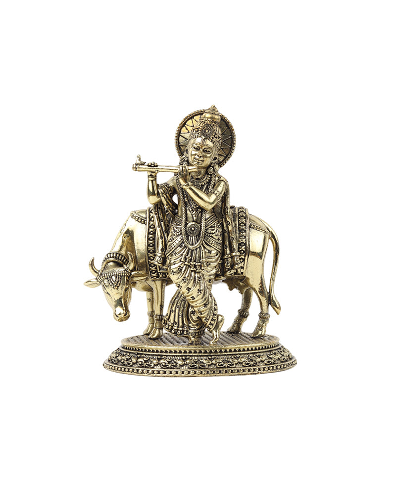 Traditional Krishna Ji Brass Idol with Cow for Festivals and Home Decoration