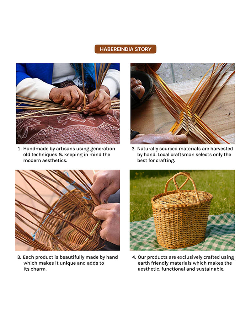 Portable Wicker Picnic Basket with Lid for Lunch, Travel & Park Use