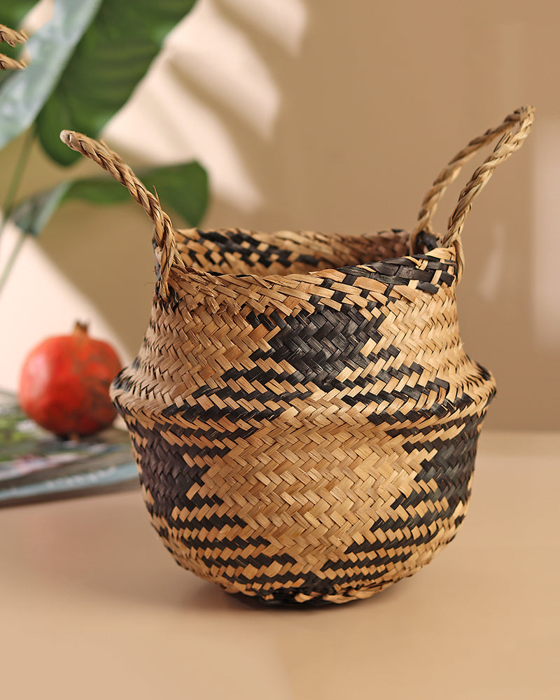 Planter Basket For Decoration, Seagrass Plant & Storage Baskets, Belly Basket (Round, Black)