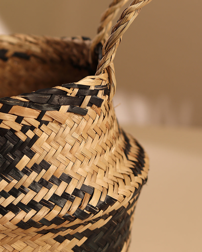 Planter Basket For Decoration, Seagrass Plant & Storage Baskets, Belly Basket (Round, Black)