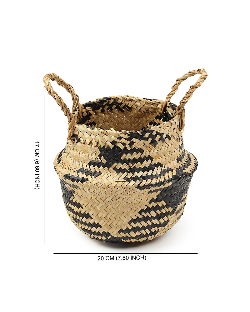 Planter Basket For Decoration, Seagrass Plant & Storage Baskets, Belly Basket (Round, Black)