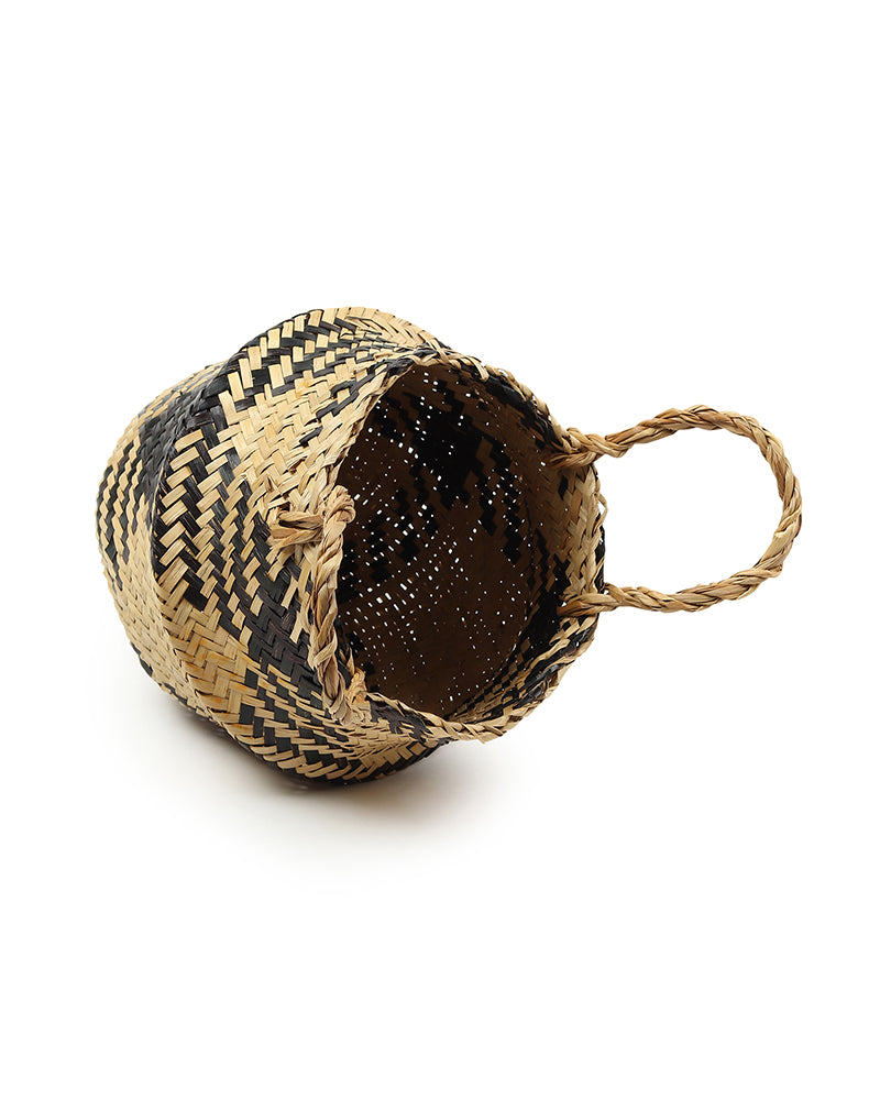 Planter Basket For Decoration, Seagrass Plant & Storage Baskets, Belly Basket (Round, Black)