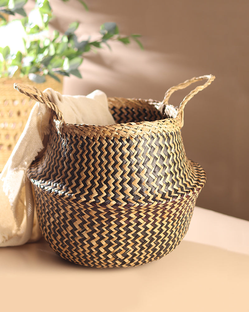 Seagrass Plant & Storage Baskets, Belly Planter Basket, Planter Basket For Decoration (Round, Black)
