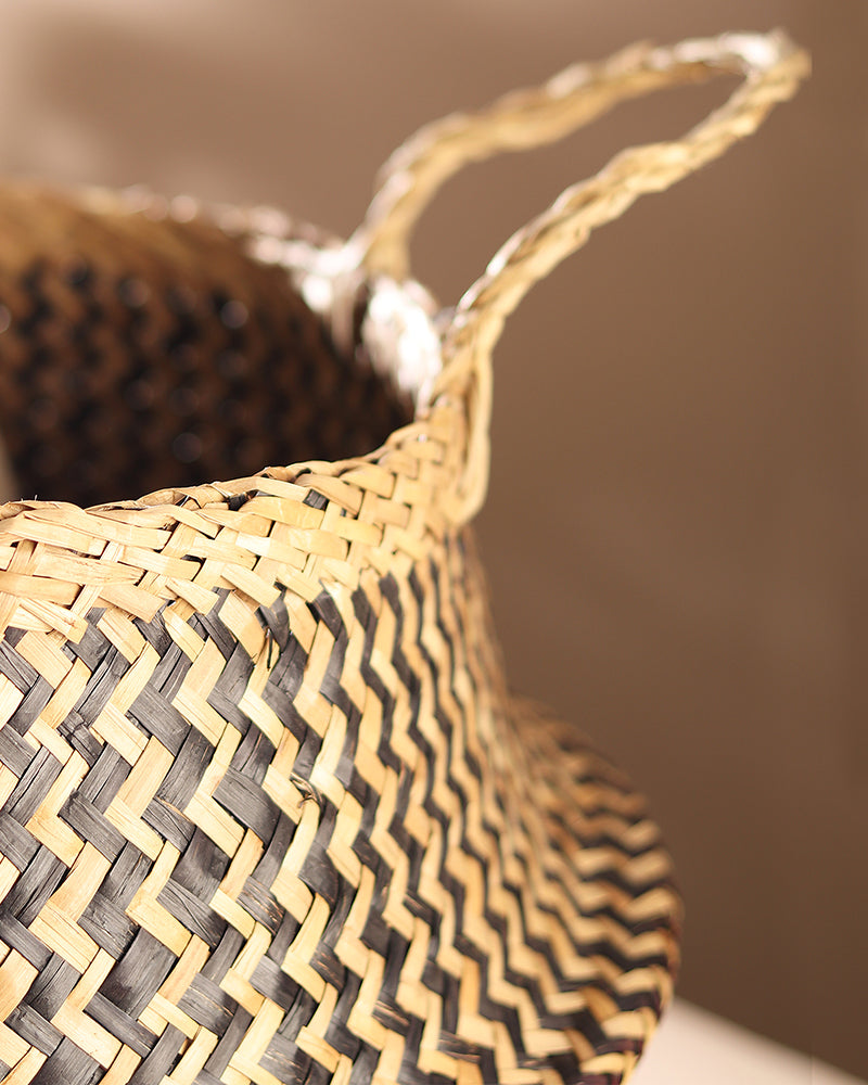 Seagrass Plant & Storage Baskets, Belly Planter Basket, Planter Basket For Decoration (Round, Black)