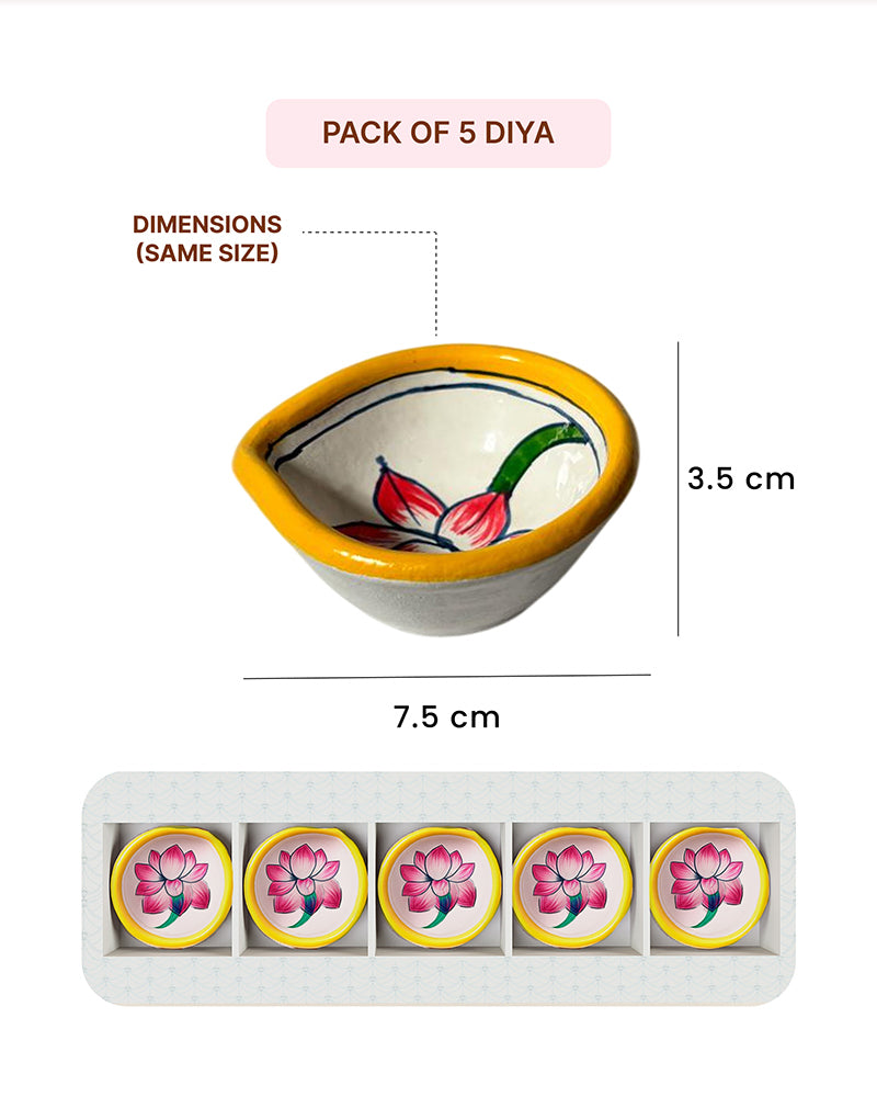 Set of 5 Handcrafted Printed Mitti Diya Gifting Set for Diwali Decoration Pooja Aarti