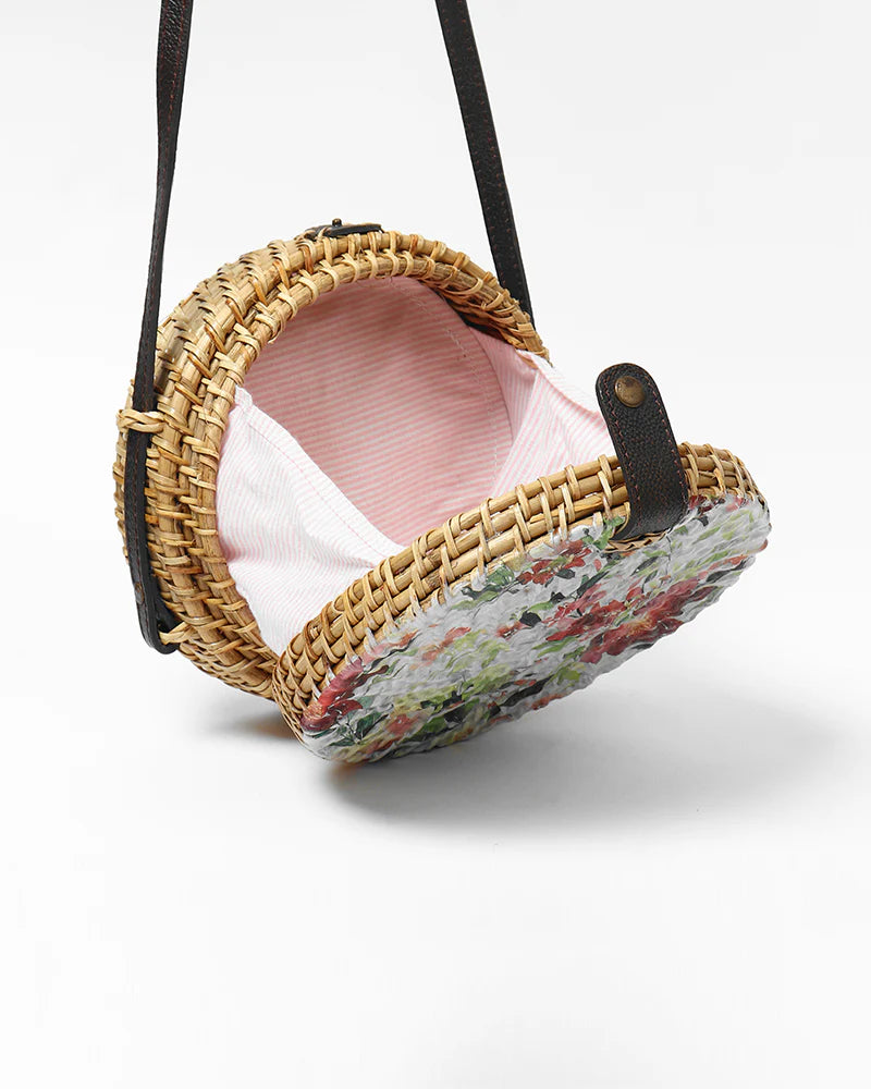 Handwoven Round Rattan Bali Sling Bag for Boho Chic Summer Outfits