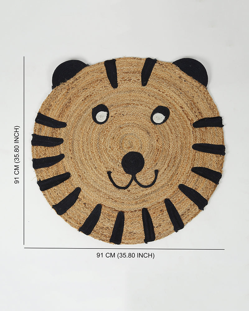 Handwoven Tiger Design Beige Round Jute Carpet For Bedroom And Hall