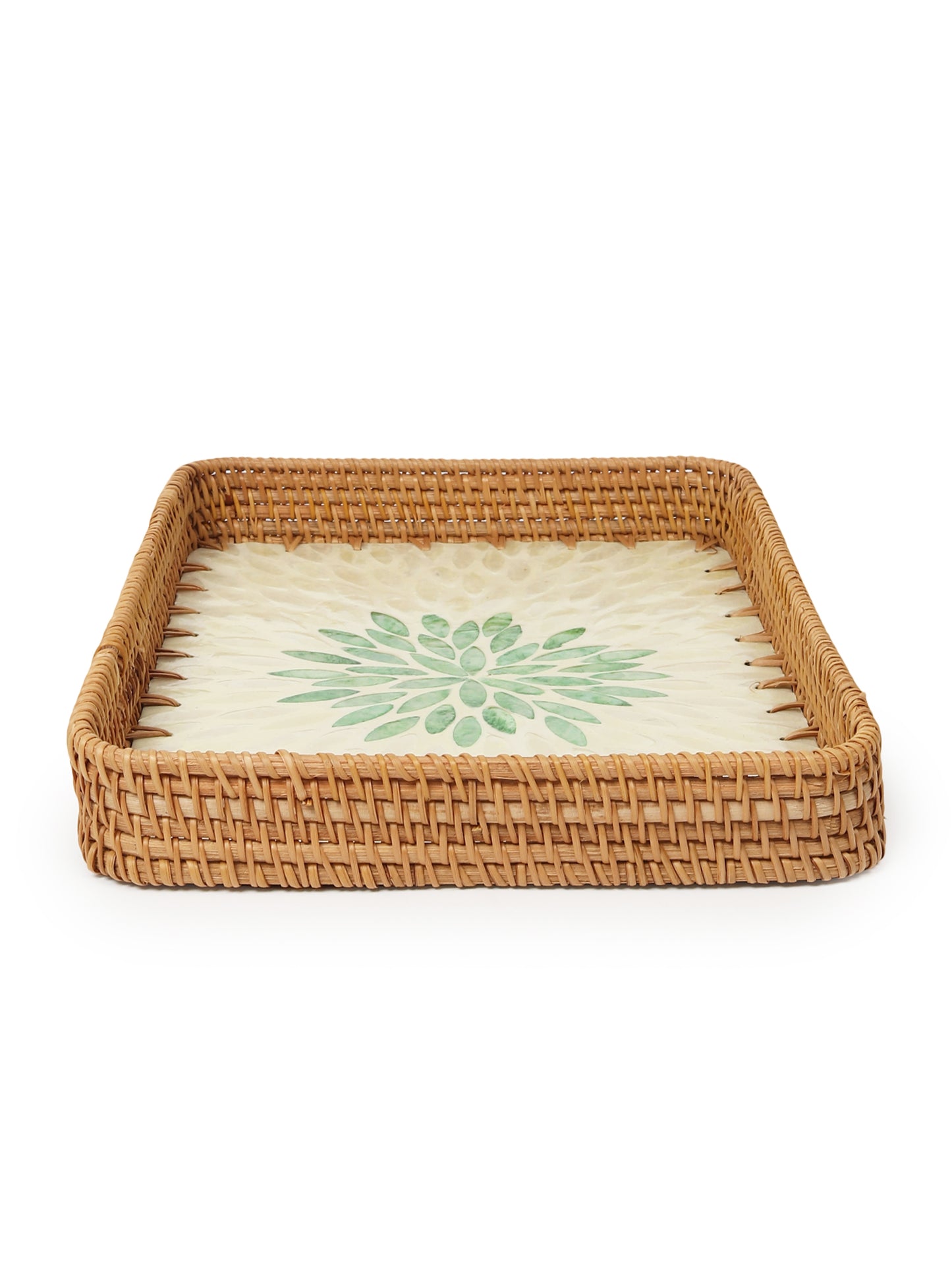 Rectangular Cane Tray - Green Rangoli Mosaic