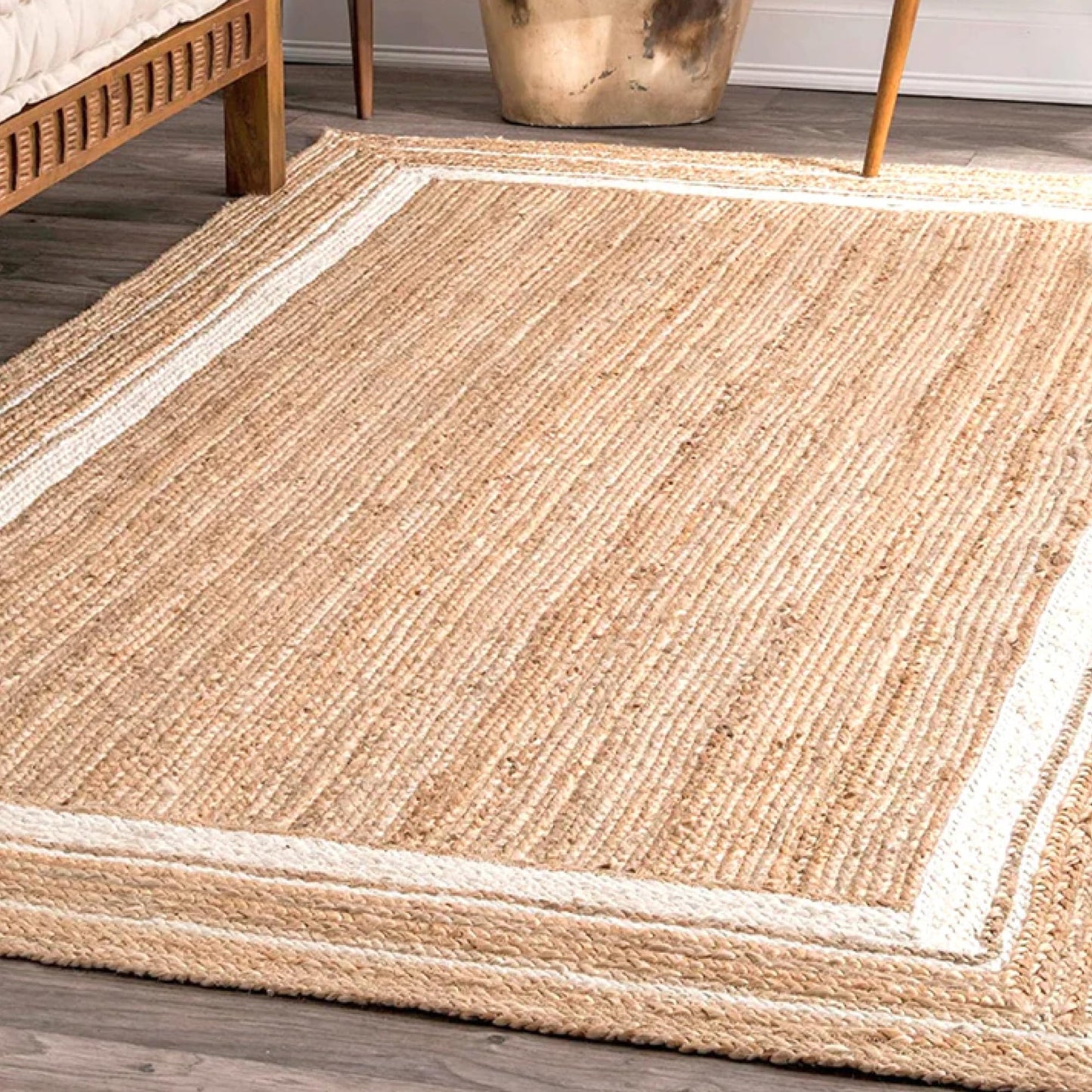 Textured Natural White Rectangular Jute Carpet For Living Room