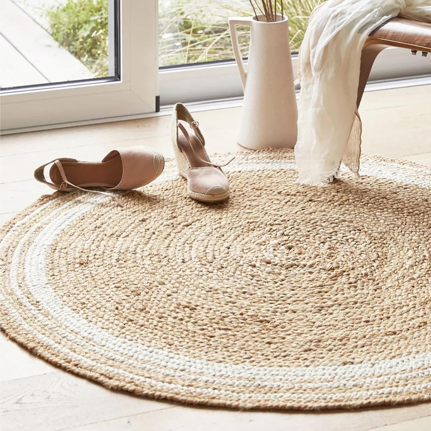 Natural White Round Jute Carpet For Living Room
