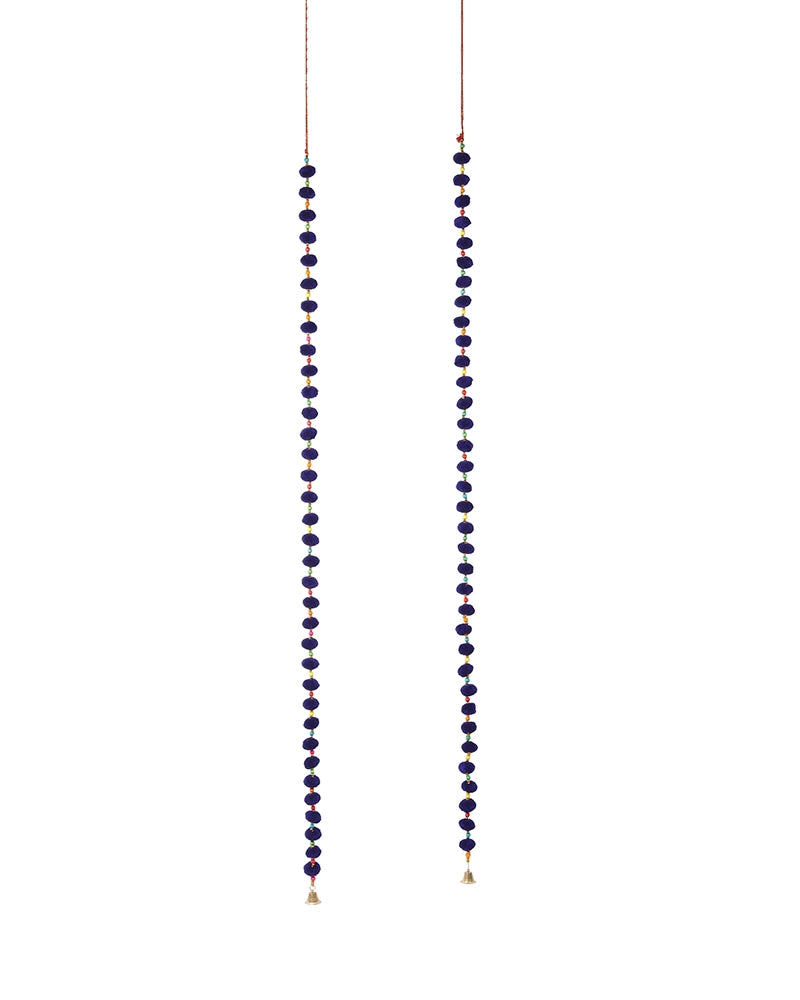 Handcrafted Blue Pom Pom Wall Hanging with Colorful Beads Set of 2