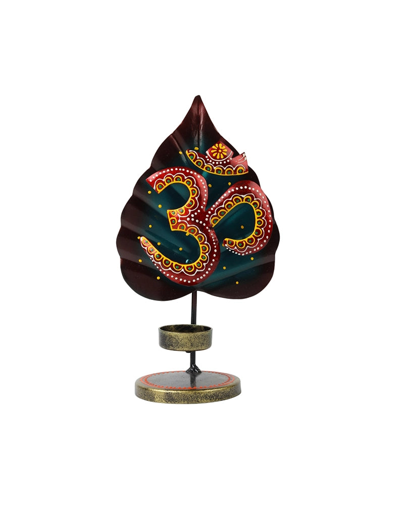Handcrafted Metal Om Symbol Peepal Leaf Decor Tea Light Holder Showpiece