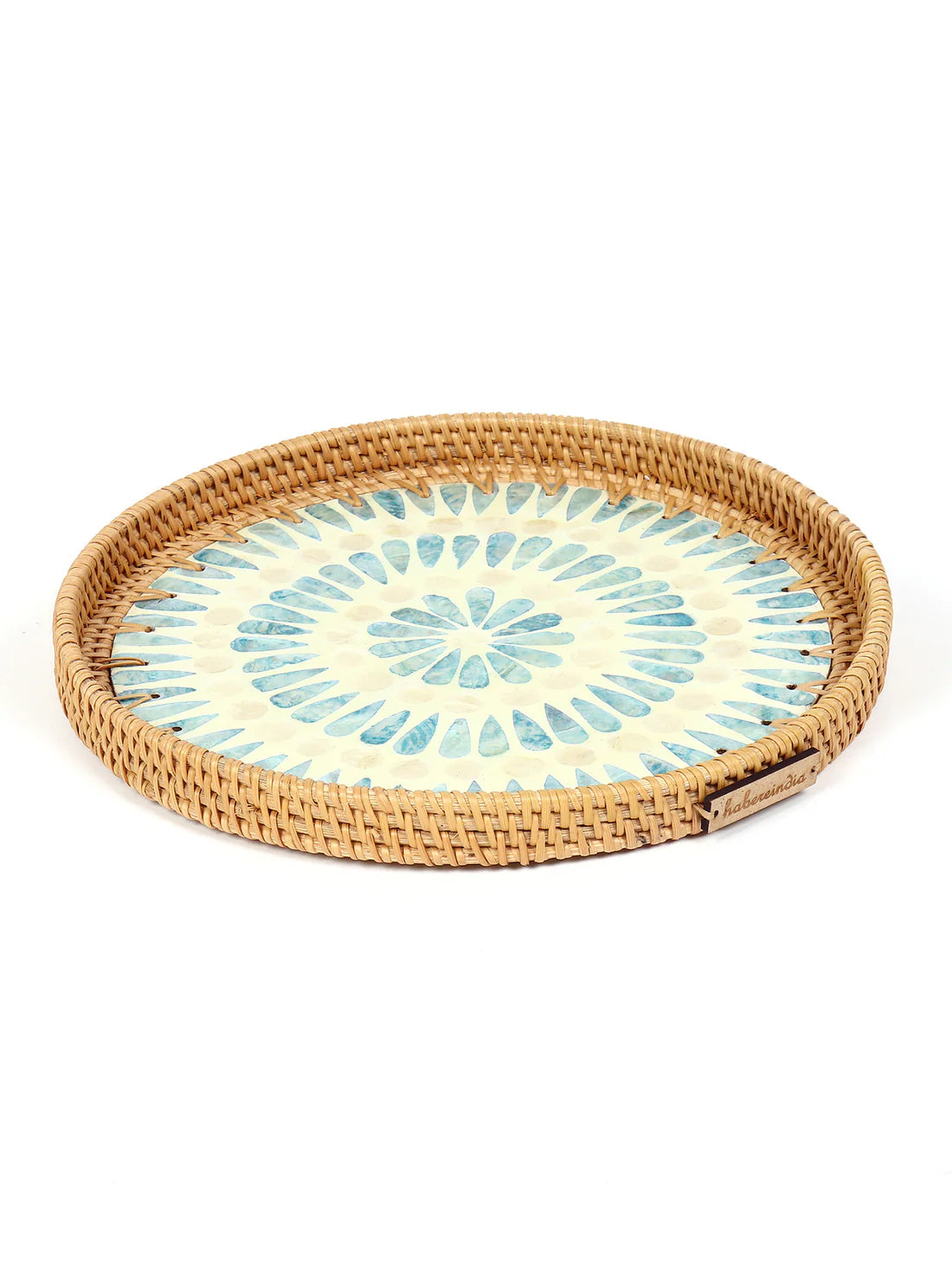 Rustic Handmade Round Cane Tray with Blue Circle Mosaic for Stylish Serving and Display