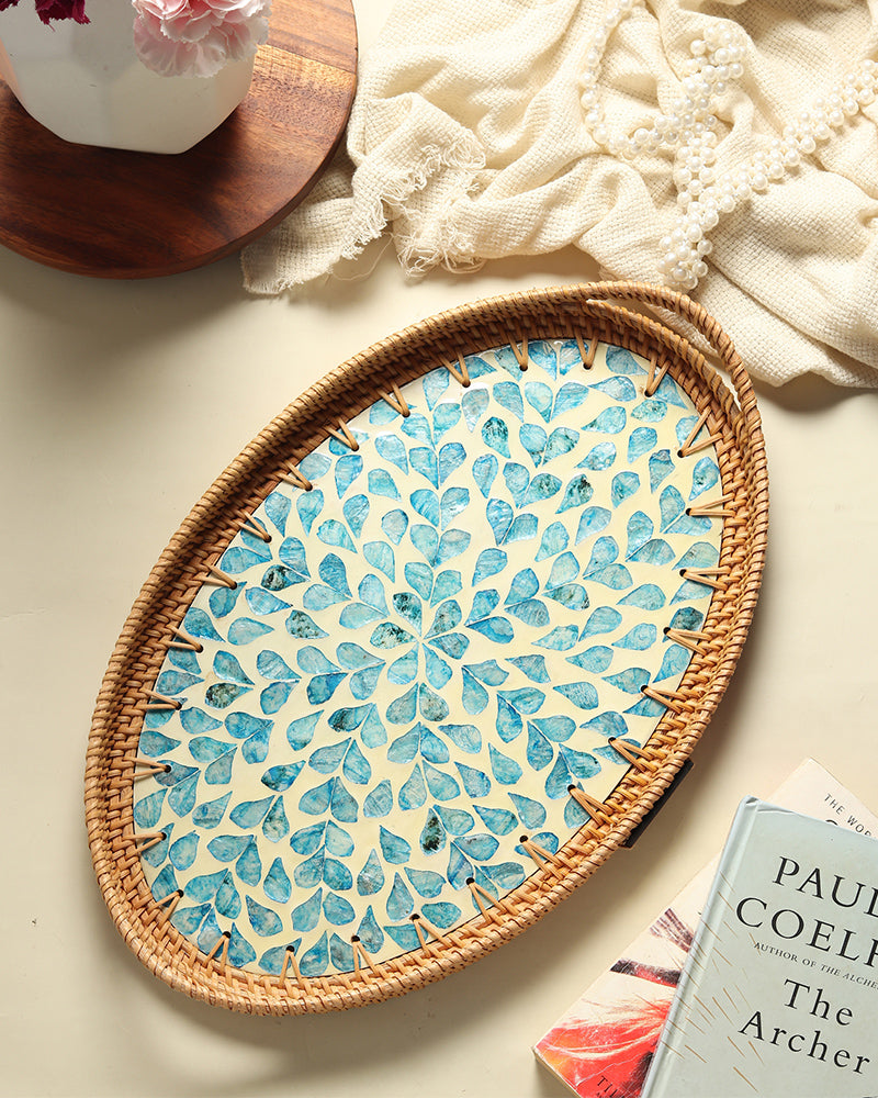 Cane Tray Oval - Blue Tropical Mosaic