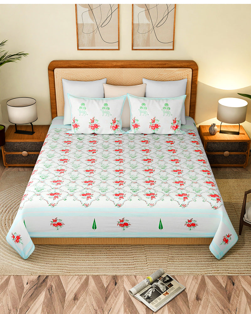 Luxurious Jaipur Handblock Printed 100% Premium Cotton King Size Bed Sheet with Pillow Covers