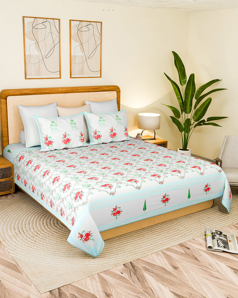 Luxurious Jaipur Handblock Printed 100% Premium Cotton King Size Bed Sheet with Pillow Covers