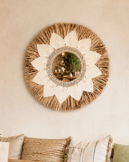 Boho Sunflower Wall Mirror Natural Raffia Handmade Decorative Mirror