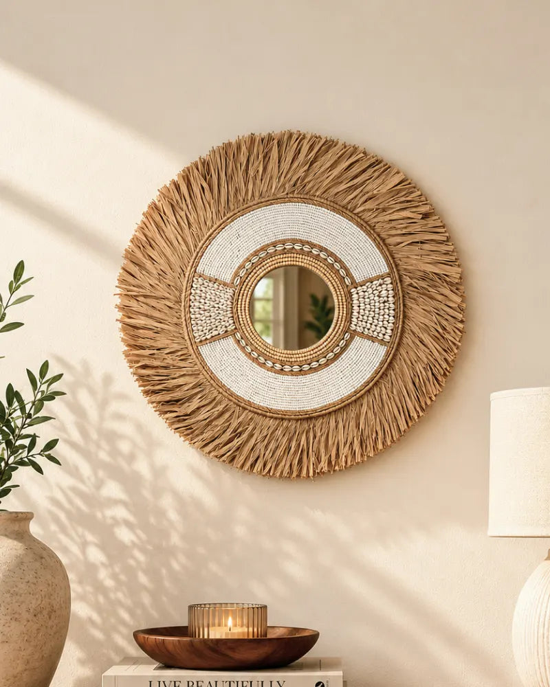 Coastal Raffia Wall Mirror Handmade Woven Boho Home Decor Accent