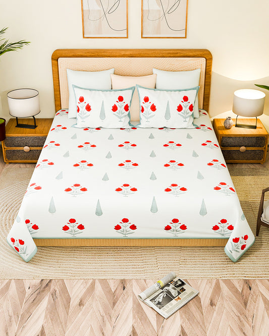 Jaipur Handblock Printed 100% Premium Cotton King Bed Sheet Set with Coordinated Pillow Covers