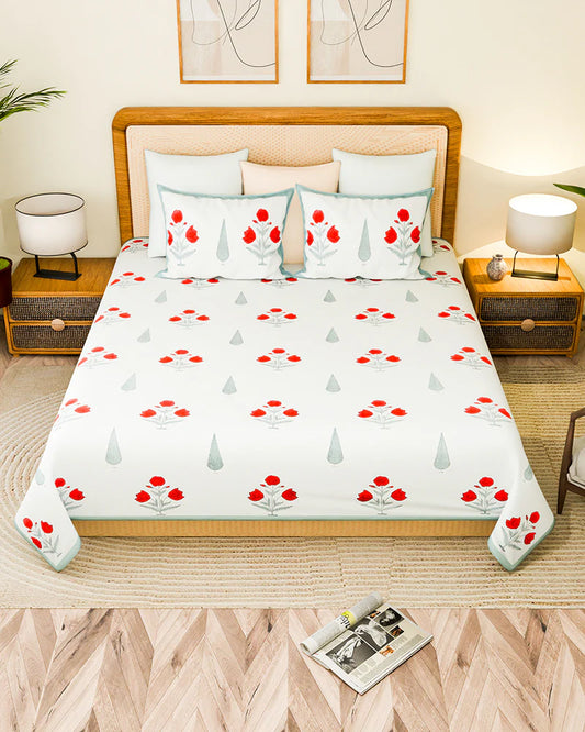 Jaipur Handblock Printed 100% Premium Cotton King Bed Sheet Set with Coordinated Pillow Covers