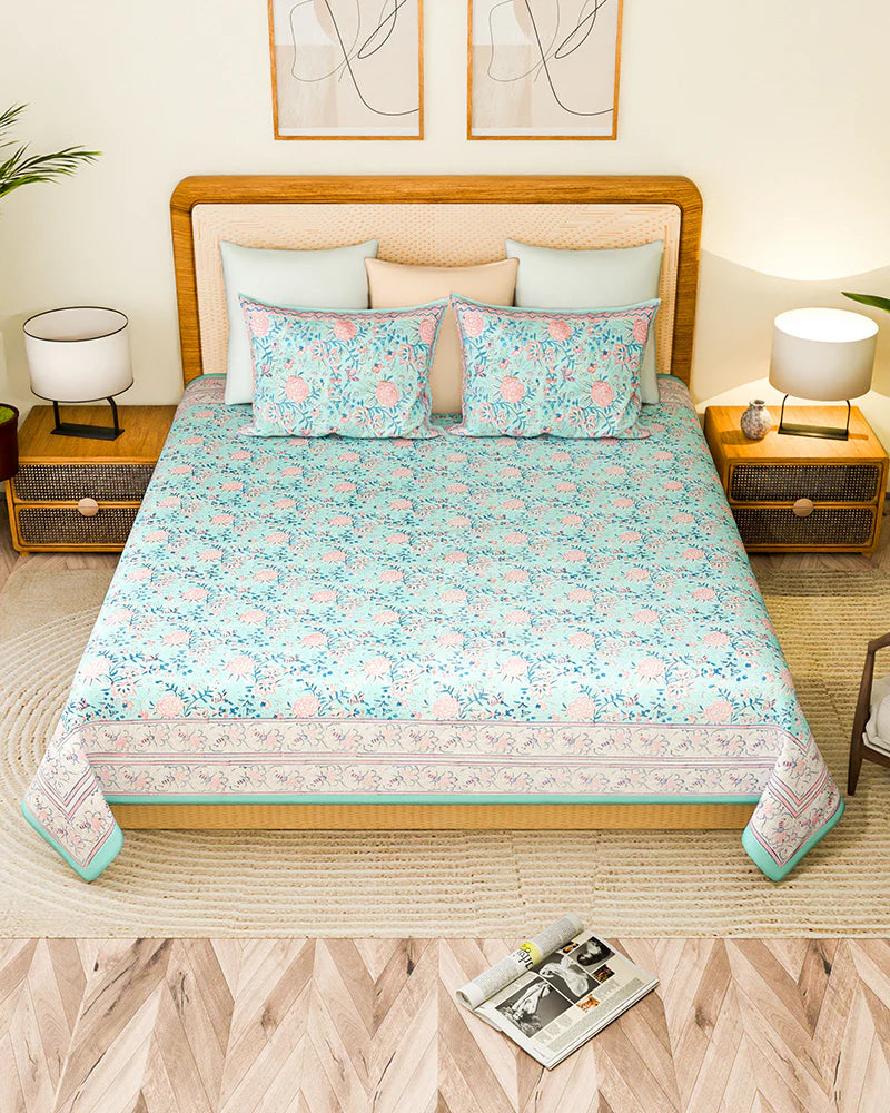 Contemporary Jaipur Handblock Printed 100% Premium Cotton King Size Bed Sheet Set