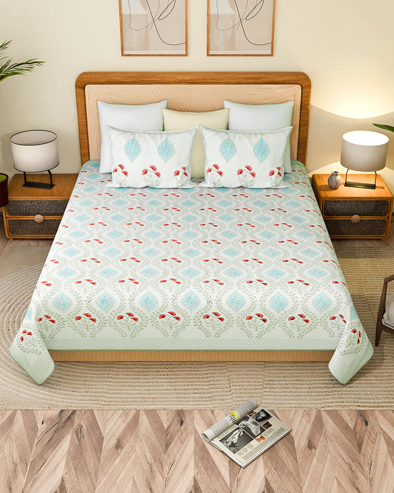 Elegant Jaipur Handblock Printed 100% Premium Cotton King Size Bed Sheet with 2 Pillow Covers