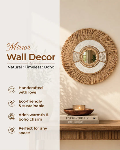 Coastal Raffia Wall Mirror Handmade Woven Boho Home Decor Accent