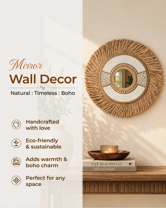 Coastal Raffia Wall Mirror Handmade Woven Boho Home Decor Accent
