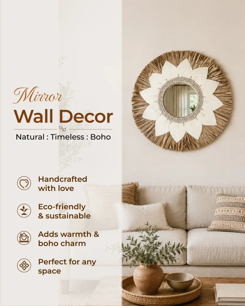 Boho Sunflower Wall Mirror Natural Raffia Handmade Decorative Mirror