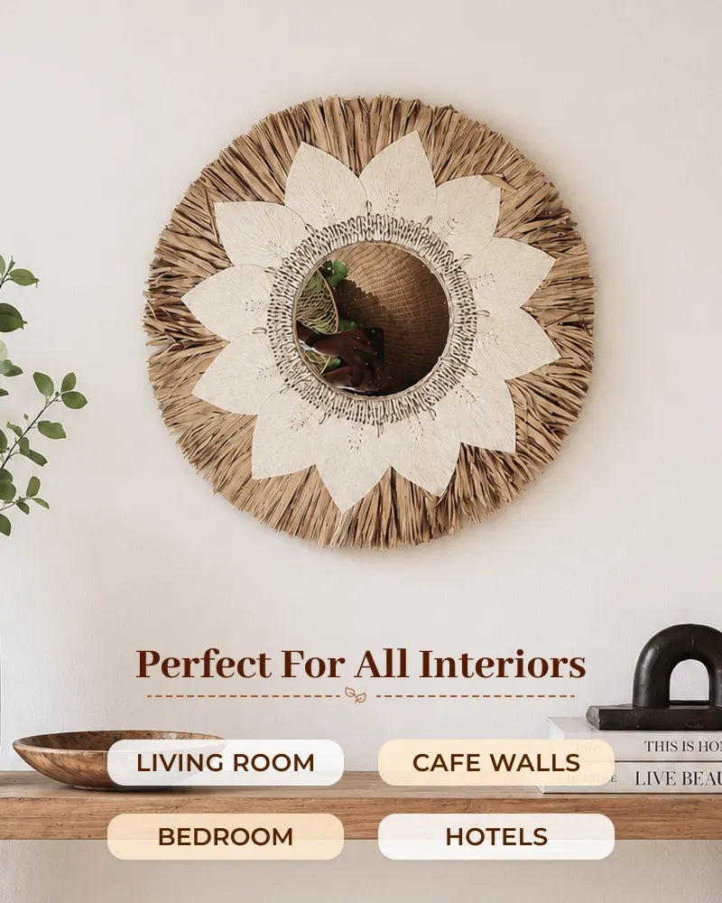 Boho Sunflower Wall Mirror Natural Raffia Handmade Decorative Mirror