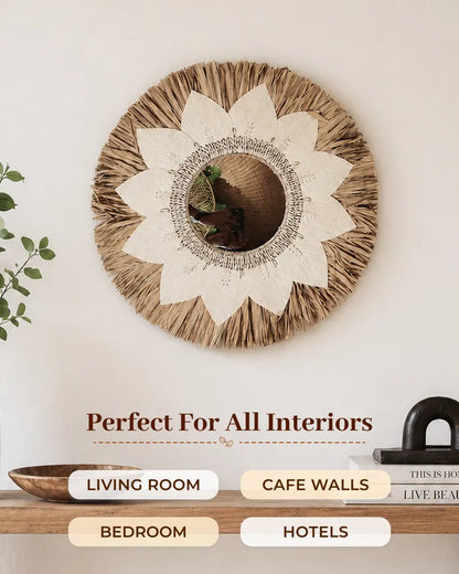 Boho Sunflower Wall Mirror Natural Raffia Handmade Decorative Mirror