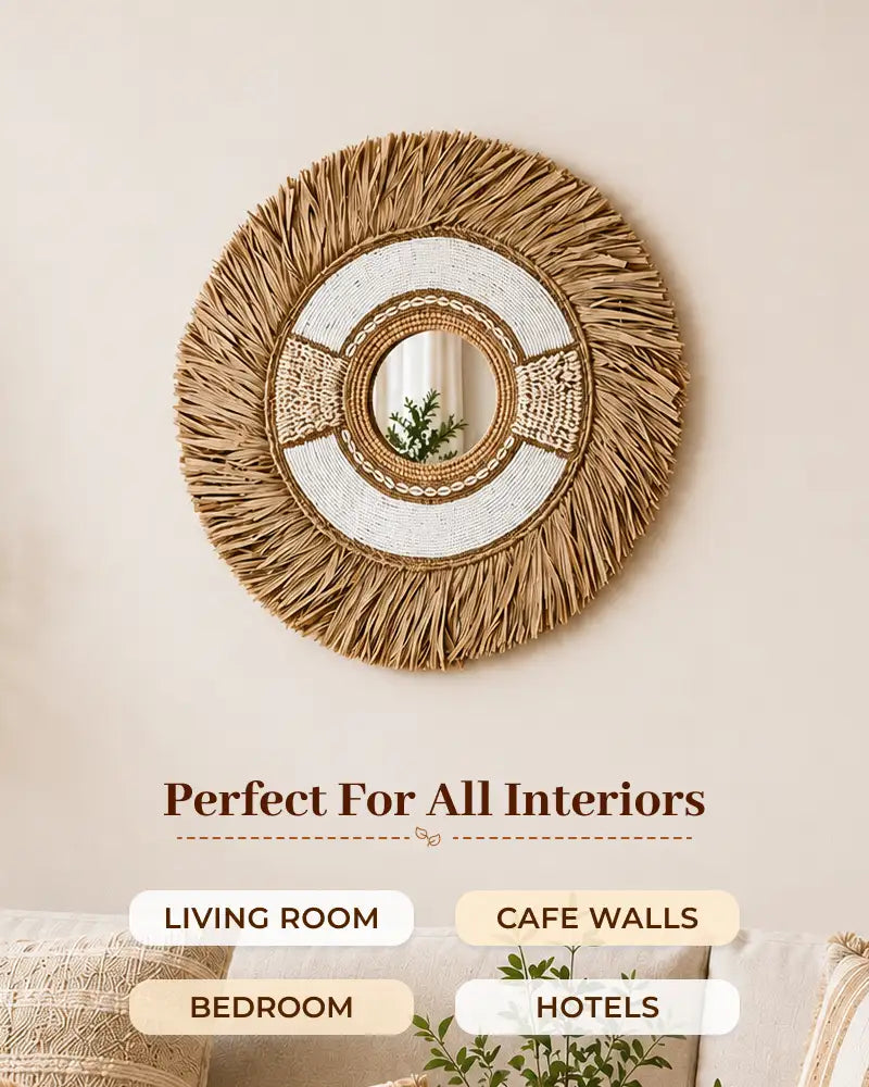 Coastal Raffia Wall Mirror Handmade Woven Boho Home Decor Accent