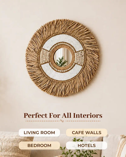Coastal Raffia Wall Mirror Handmade Woven Boho Home Decor Accent