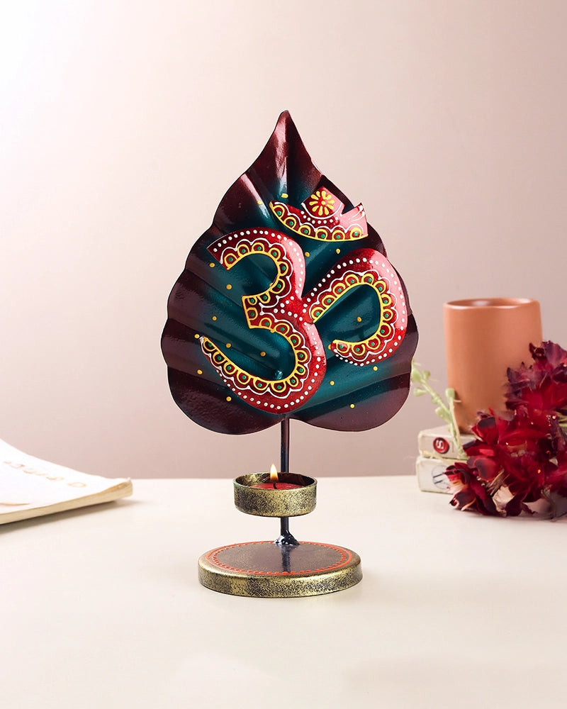 Handcrafted Metal Om Symbol Peepal Leaf Decor Tea Light Holder Showpiece