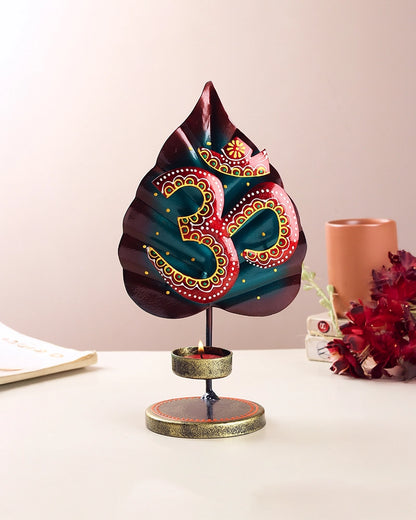 Handcrafted Metal Om Symbol Peepal Leaf Decor Tea Light Holder Showpiece