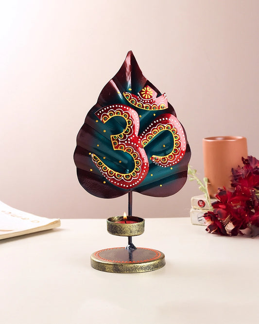 Handcrafted Metal Om Symbol Peepal Leaf Decor Tea Light Holder Showpiece