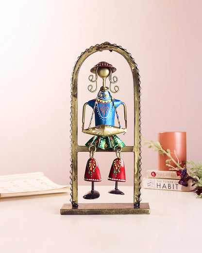 Handcrafted Metal Dholak Player Folk Musician Arch Figurine for Home Decor