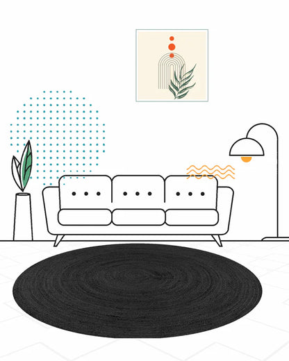 Handwoven Natural Black Round Jute Carpet For Living Room