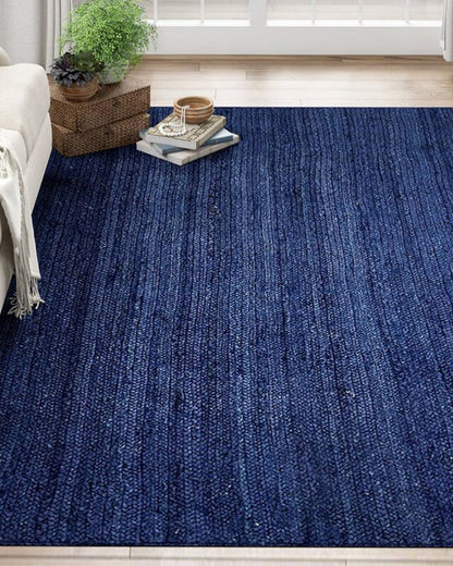 Handcrafted Natural Blue Rectangular Jute Carpet For Hall And Dining Space