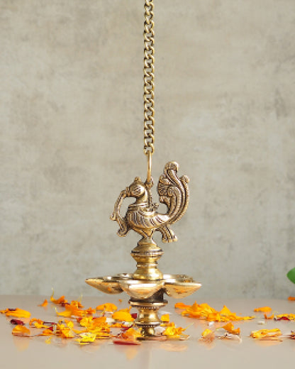 Brass Hanging Diya with Peacock Design for Pooja and Home Decoration