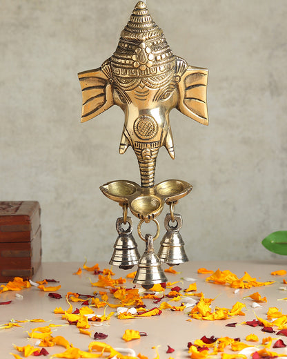 Ganesha Brass Wall Decor with Hanging Diyas and Bells for Mandir and Home