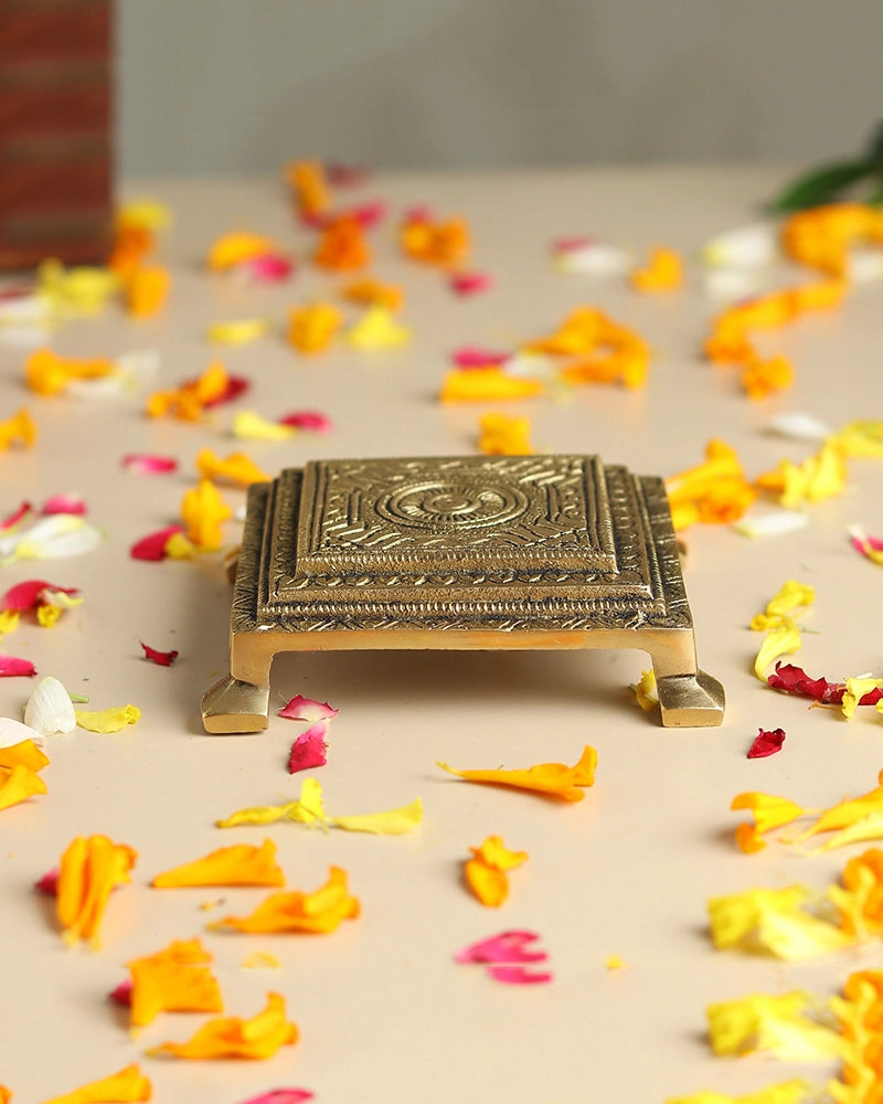 Brass Pooja Chowki Om Design Bajot for Home Temple Puja