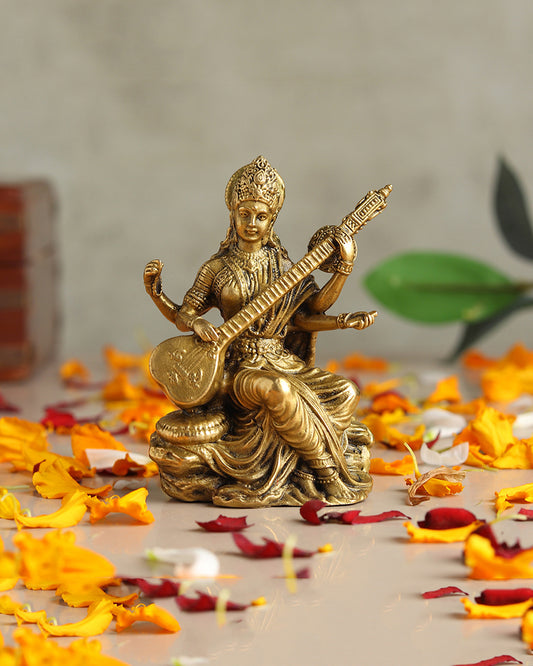 Pure Brass Saraswati Maa Idol for Pooja and Home Decoration